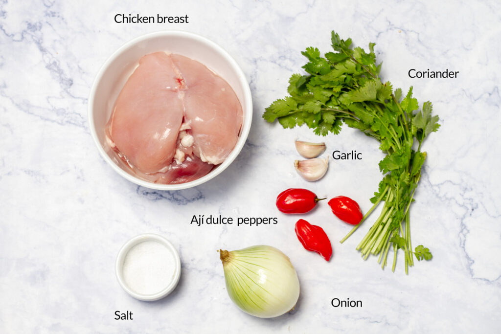 Chicken breast, onion, salt, coriander, aji dulce peppers, and garlic ingredients for Venezuelan Ensalada de Gallina.