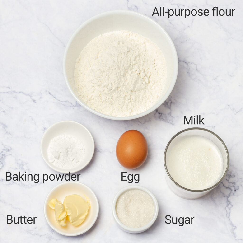  A flat lay of ingredients for fluffy pancakes, including all-purpose flour, baking powder, egg, milk, butter, and sugar.