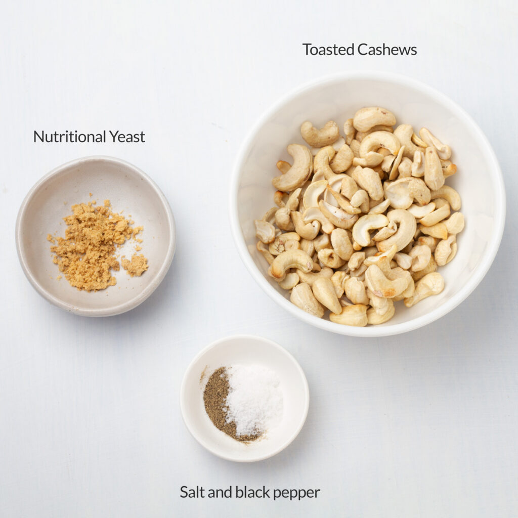  A bowl of toasted cashews, nutritional yeast, and a mixture of salt and pepper, the main ingredients for making homemade vegan parmesan cheese.