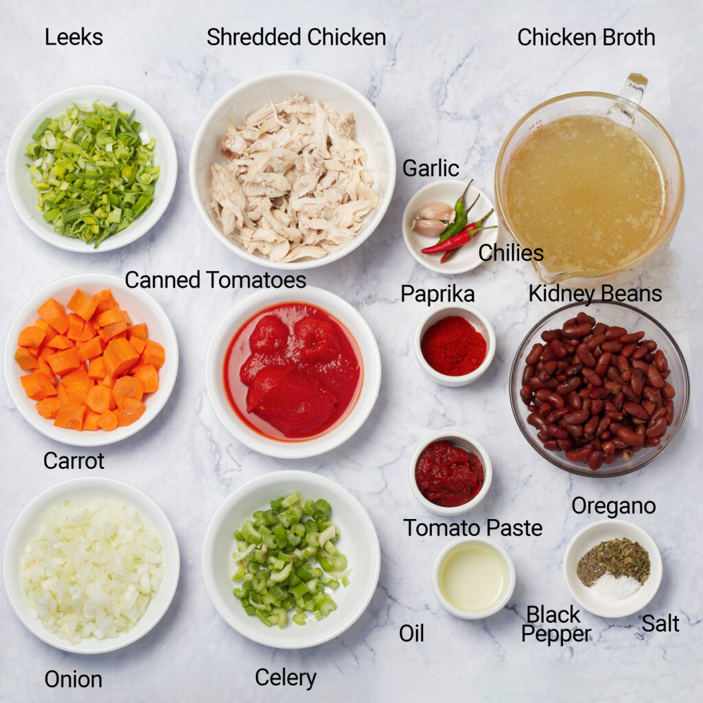  A flat lay of ingredients for making chicken enchilada soup, including chicken, beans, vegetables, and spices.