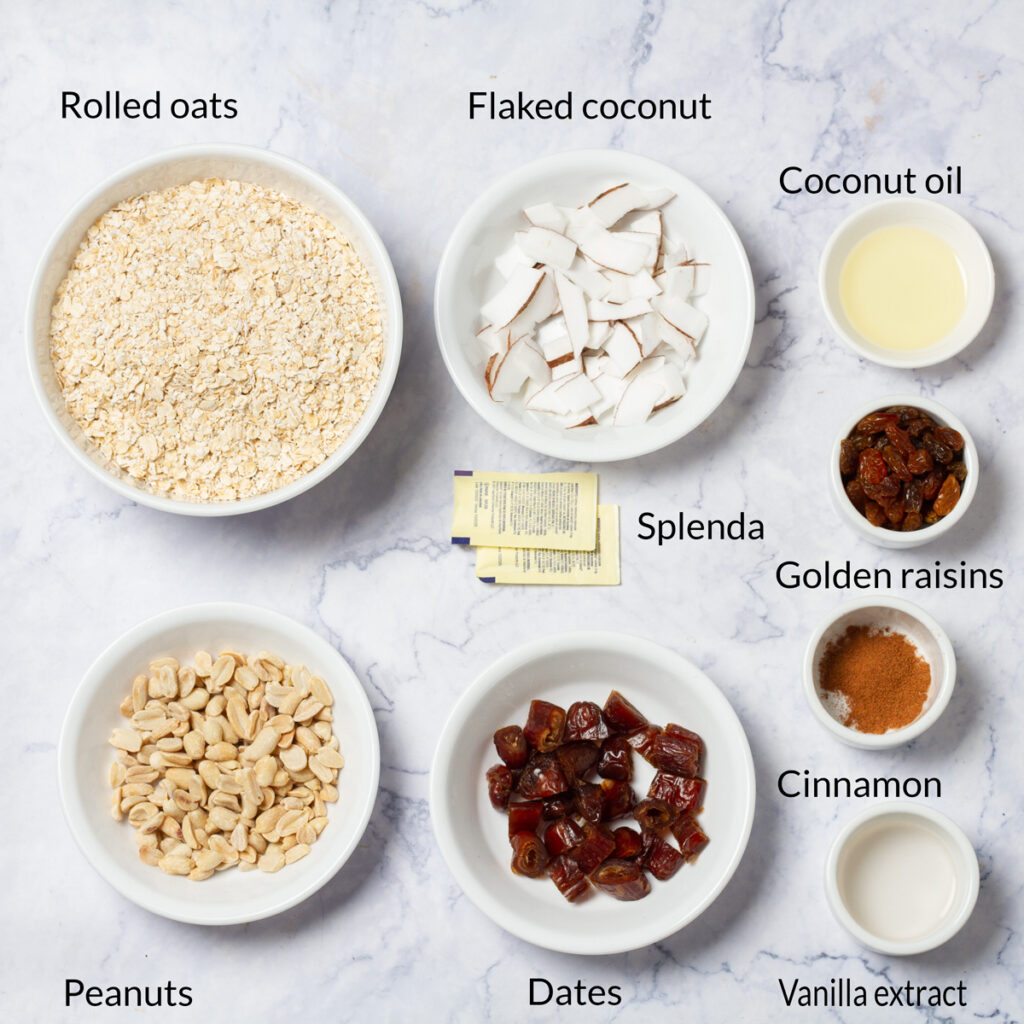 Ingredients for homemade granola: rolled oats, coconut flakes, coconut oil, Splenda, golden raisins, peanuts, dates, cinnamon, and vanilla extract.