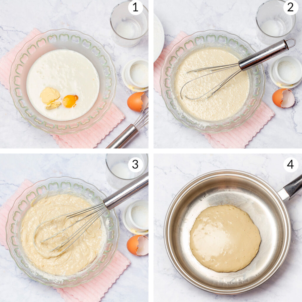 A photo collage demonstrating the pancake-making process.