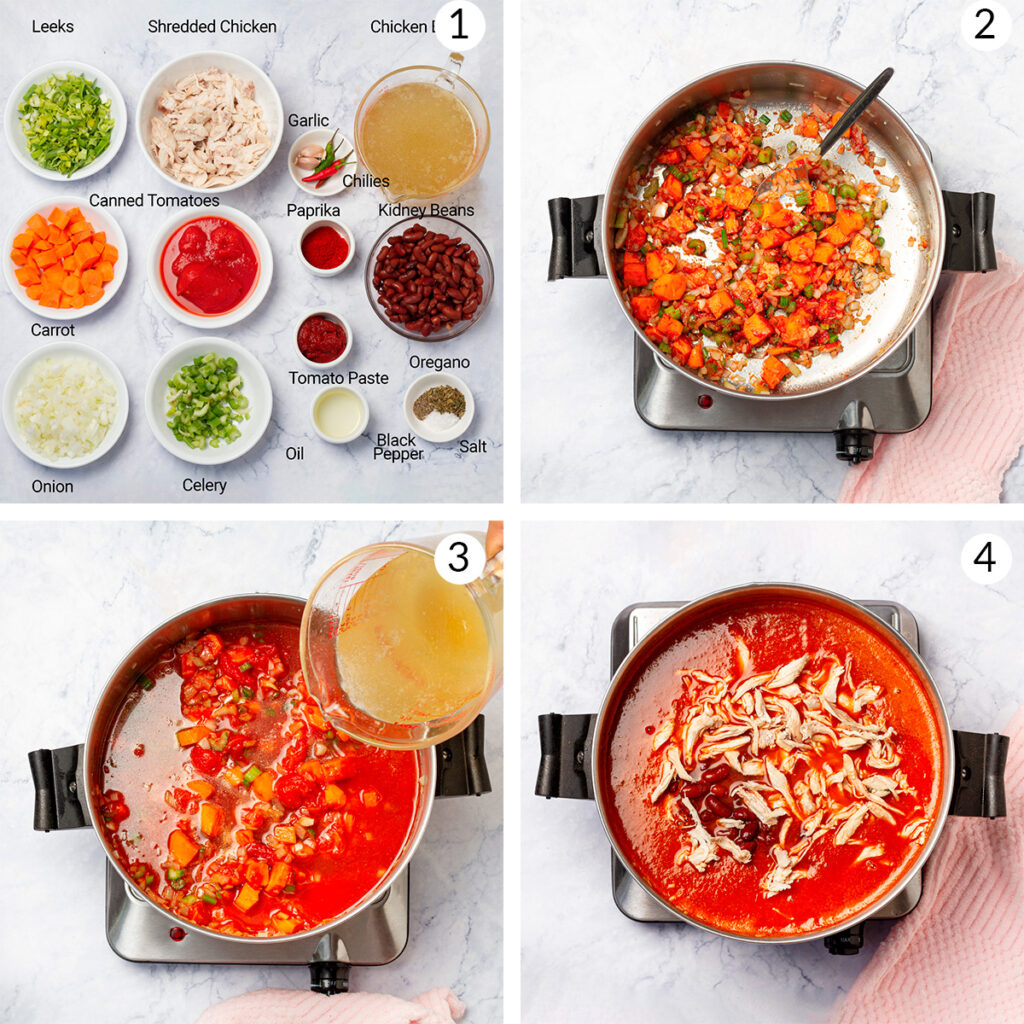 A step-by-step guide on how to make chicken enchilada soup, showing the process of sautéing vegetables, adding broth, and simmering the soup.