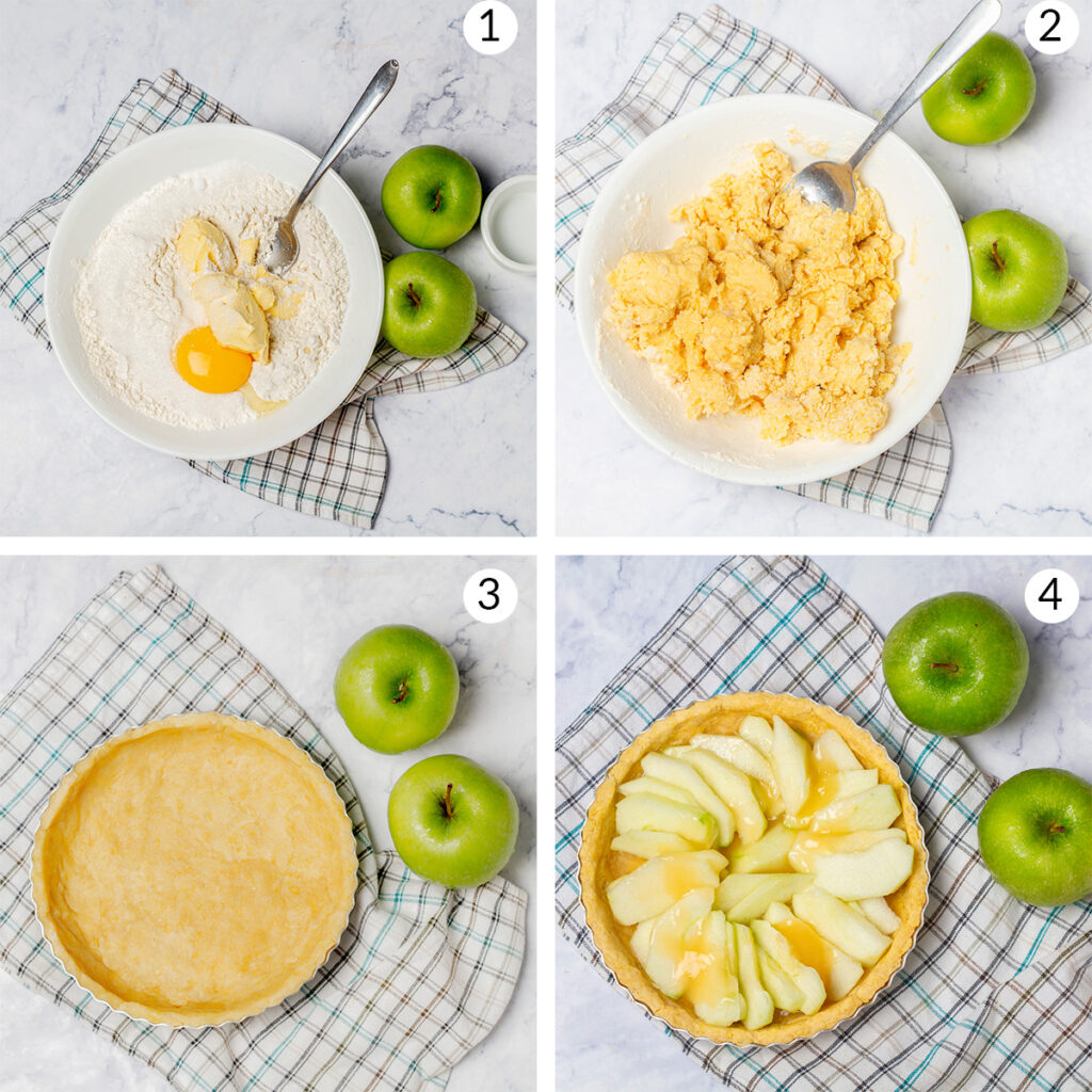 A step-by-step guide on how to make a classic apple pie with a flaky crust. The images show the process of making the dough, assembling the pie, and preparing it for baking.