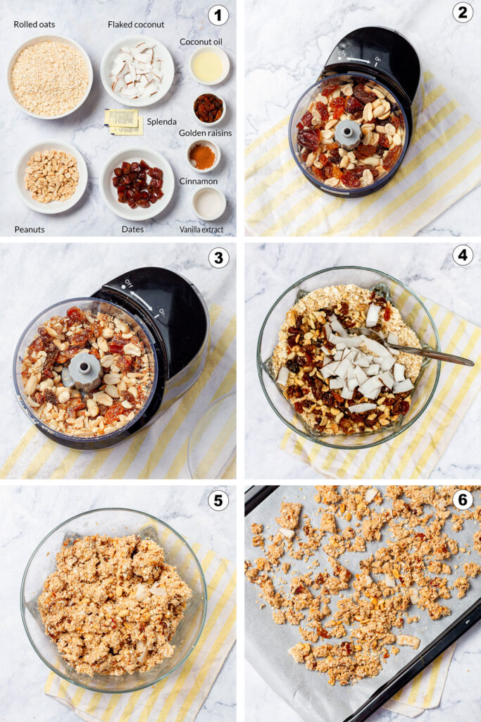 Step-by-step process of making homemade granola, from combining the ingredients to baking the final product.