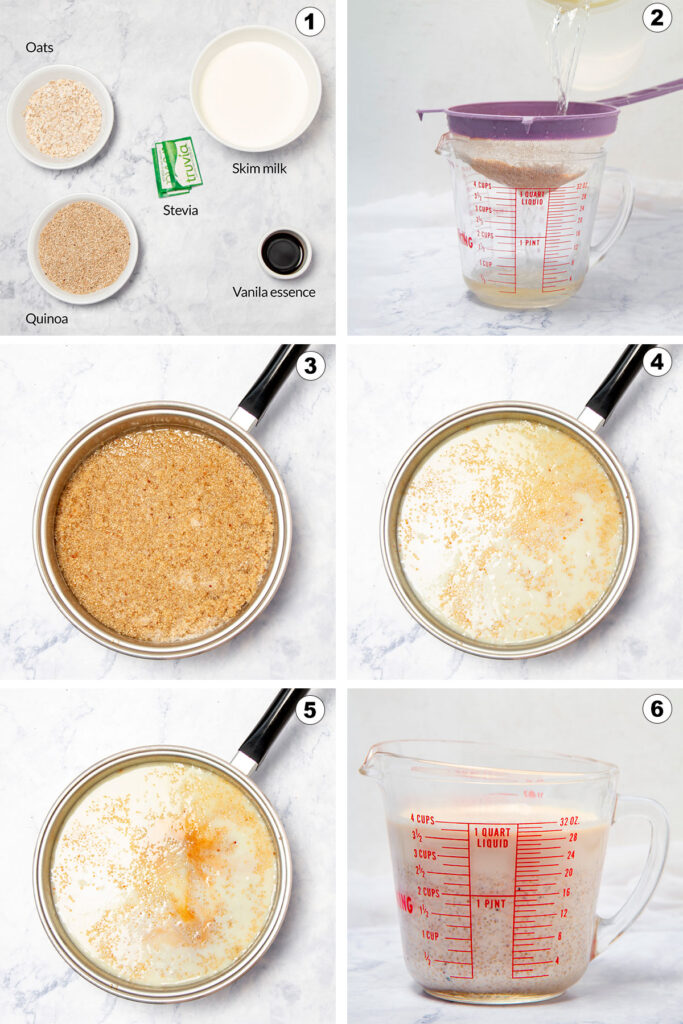 Six photos show the steps to make quinoa oatmeal breakfast: rinsing quinoa, cooking quinoa, adding oats and milk, simmering, resting, and serving with toppings.